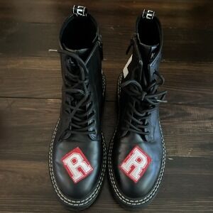 Karl Lagerfeld Paris SZ 11 Dixie Side Zip Patch BLK Leather Women's Combat Boots